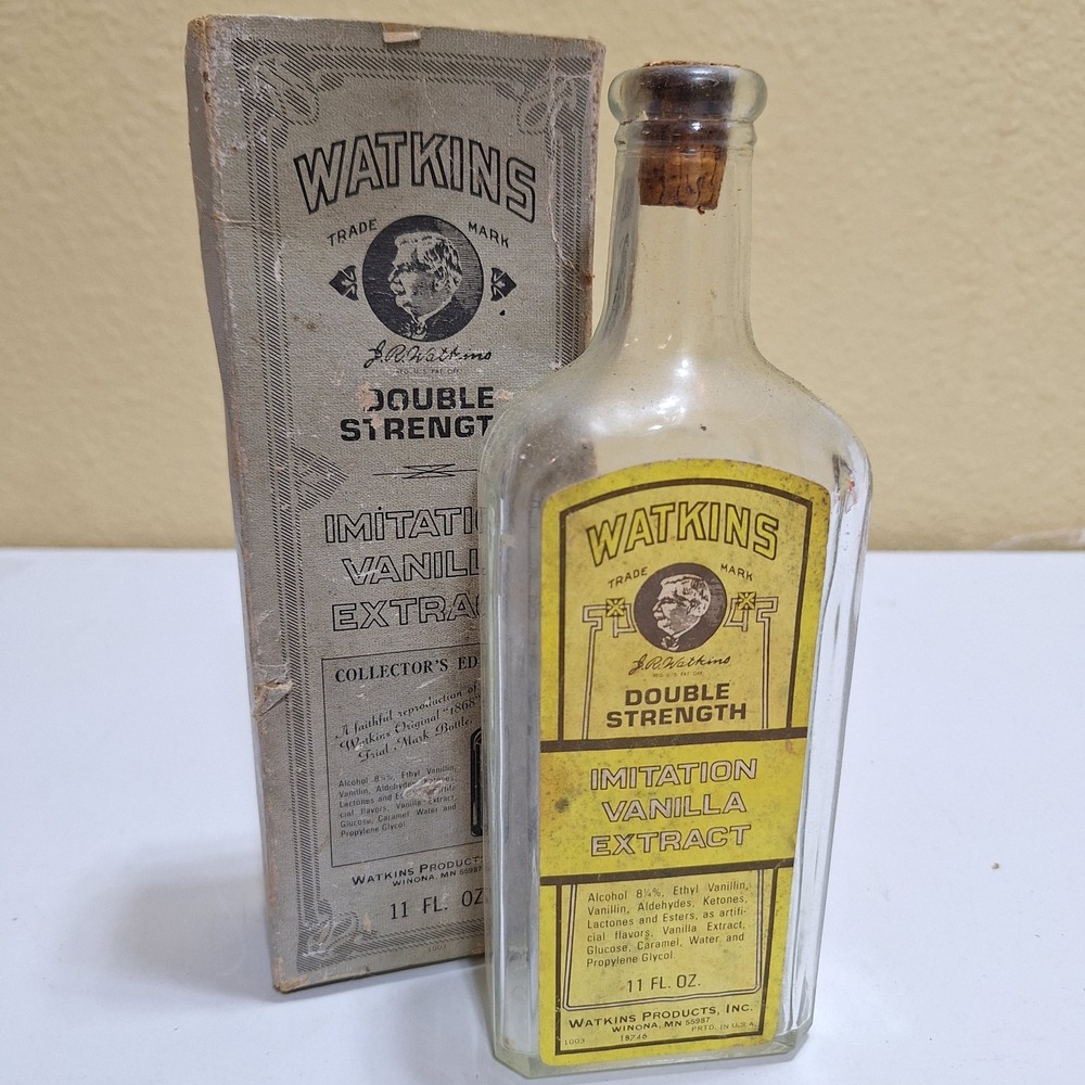 Vintage Watkins 1868 Trial Mark Vanilla Extract Bottle Box Cork 11 Oz Collector